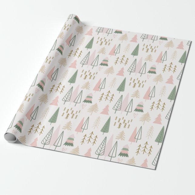 Papel De Presente Feriado de Natal de Boho Trees Rosa (Desenrolado)