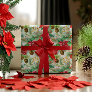 Papel De Presente Feriado De Natal De Poinsettias Pine E Pinecones
