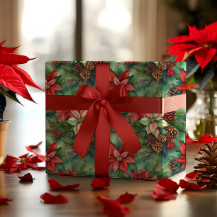 Papel De Presente Feriado De Natal De Poinsettias Pine E Pinecones