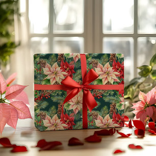 Papel De Presente Feriado De Natal De Poinsettias Pine E Pinecones