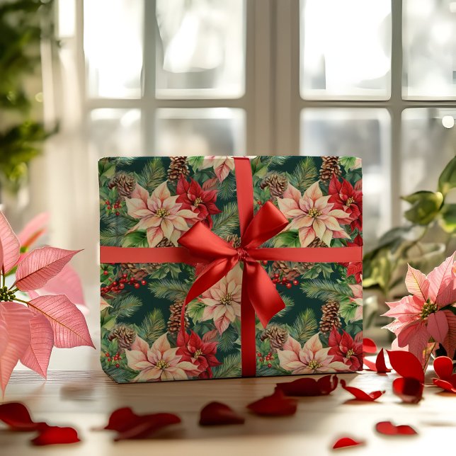 Papel De Presente Feriado De Natal De Poinsettias Pine E Pinecones (Elegant Nostalgic Watercolor Poinsettias, Pine and Pinecones Christmas Holiday Wrapping Paper)