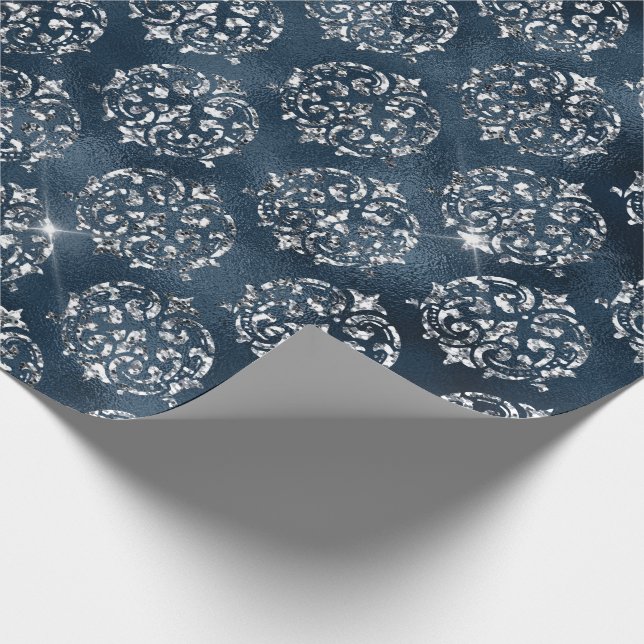 Papel De Presente Feriado de Natal do Damasco Azul Elegante (Ponta)