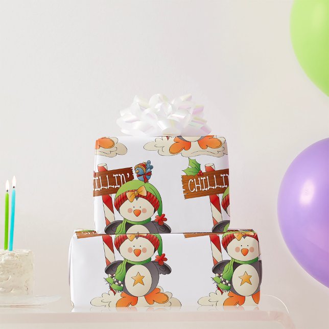 Papel De Presente Feriado de Natal do Pinguim e Pássaro (Criador carregado)