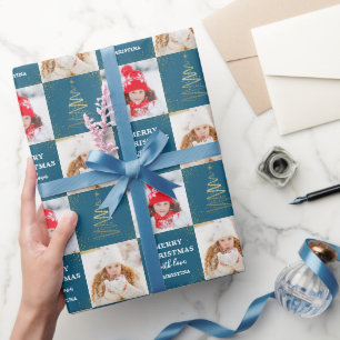 Papel De Presente Feriado de Natal Dourado com Foto Personalizado 2