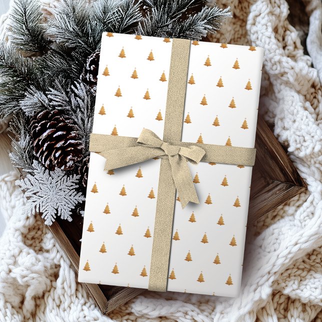 Papel De Presente Feriado de Natal Dourado e Branco (Winter Gold And White Christmas Tree Holiday Wrapping Paper)