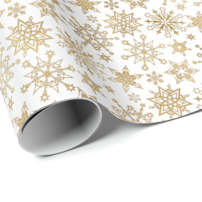 Papel De Presente Feriado de Natal Moderno Dourado Flocos de Neve (Ponta do rolo)