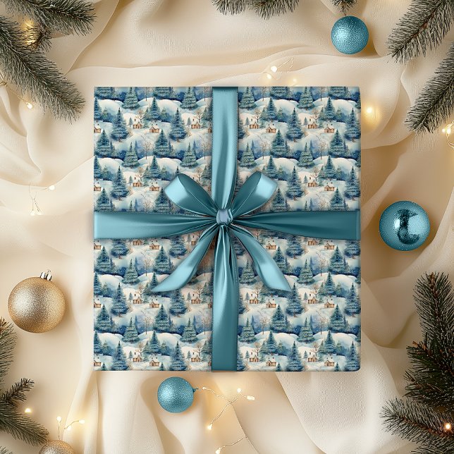 Papel De Presente Feriado de Natal na Terra Maravilha da Neve (Snowy Winter Wonderland Alpine Village Landscape Christmas Holiday Blue Wrapping Paper)