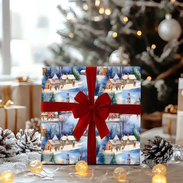 Papel De Presente Feriado de Natal na Vila Nova Inglaterra (Snowy Winter Wonderland New England Village Landscape Ice Skating Christmas Holiday Wrapping Paper)
