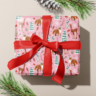 Papel De Presente Feriado de Natal para Animais de Floresta Rosa Fre