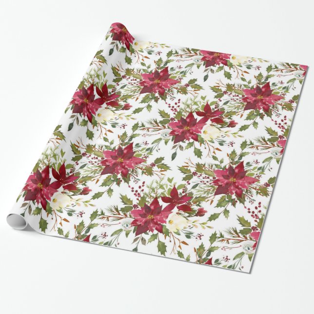 Papel De Presente Feriado de Natal Poinsettia Vermelha Elegante Flor (Desenrolado)