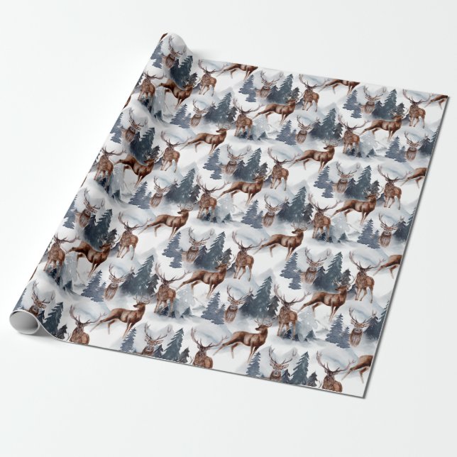 Papel De Presente Feriado de Natal Rustic Woodsy Deer Forest (Desenrolado)