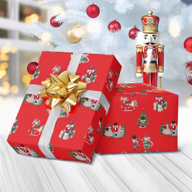Papel De Presente Feriado de Natal Verde Festivo Vermelho (Nutcracker Festive Red Green Christmas Holiday Wrapping Paper)