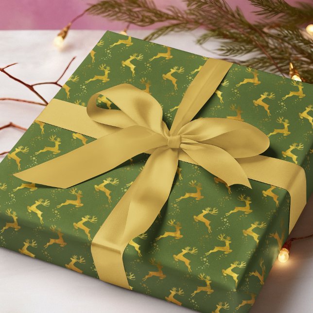 Papel De Presente Feriado de Natal Verde para Reindeer Dourada Elega (Criador carregado)