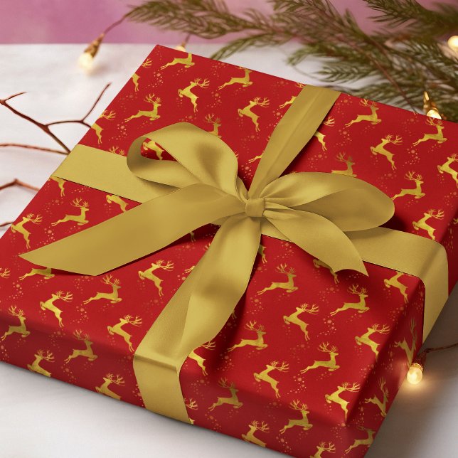 Papel De Presente Feriado de Natal Vermelho para Reindeer Dourada El (Criador carregado)