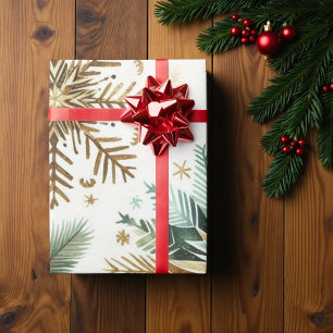 Papel De Presente Feriado de neve Dourado verde, luxo aquarela