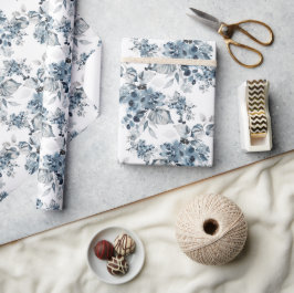Papel De Presente Feriado de Padrão Floral Azul e Cinza de Aquarela