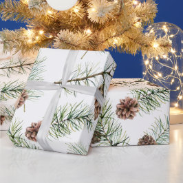 Papel De Presente Feriado de Pinus e Pinecones de Aquarela