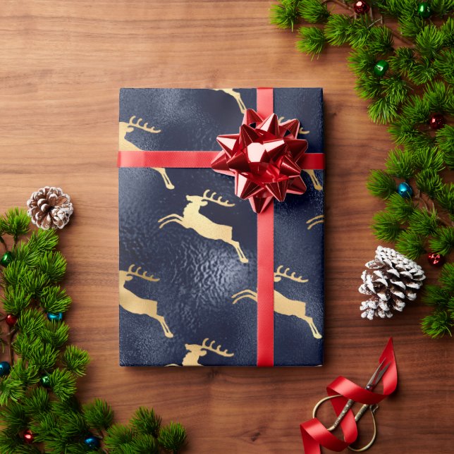 Papel De Presente Feriado de Reindeer Metálico Azul Dourado (Presente de Natal)
