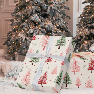 Papel De Presente Feriado De Vintage Pink E Verdes Árvores De Natal