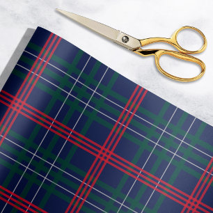 Papel De Presente Feriado de Xadrez Red Green Tartan, Marinho Elegan