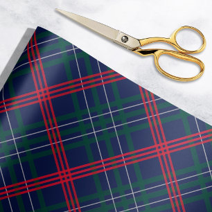 Papel De Presente Feriado de Xadrez Red Green Tartan, Marinho Elegan