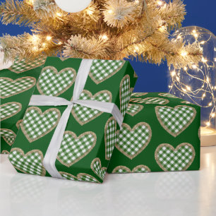 Papel De Presente Feriado do Coração Dourado da Xadrez Verde