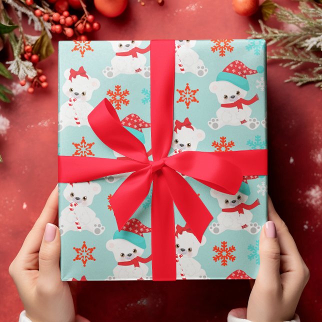 Papel De Presente Feriado do Urso Polar Azul Natal (Criador carregado)