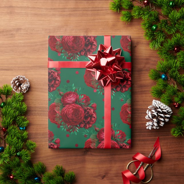 Papel De Presente Feriado dos Rosas Florais Verdes Elegantes (Presente de Natal)