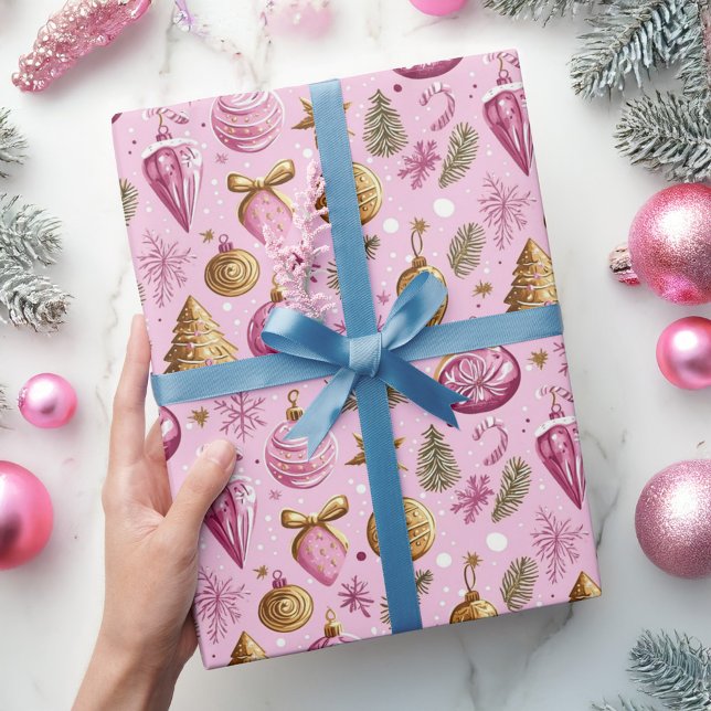 Papel De Presente Feriado Dourado Rosa Quente da Árvore de Natal (Christmas Tree Hot Pink Gold Holiday Wrapping Paper)