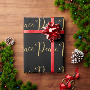 Papel De Presente Feriado Elegante de Script Dourado Preto "Paz"