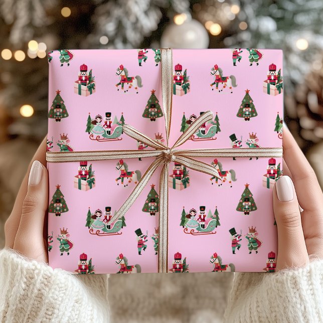 Papel De Presente Feriado Festivo de Natal Rosa Festivo (Nutcracker Festive Pink Christmas Holiday Wrapping Paper)