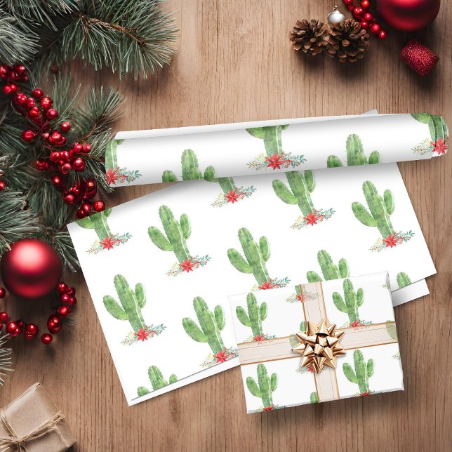 Papel De Presente Feriado Floral Russo de Natal Cactus (Rustic Christmas Cactus Floral Holiday Wrapping Paper)
