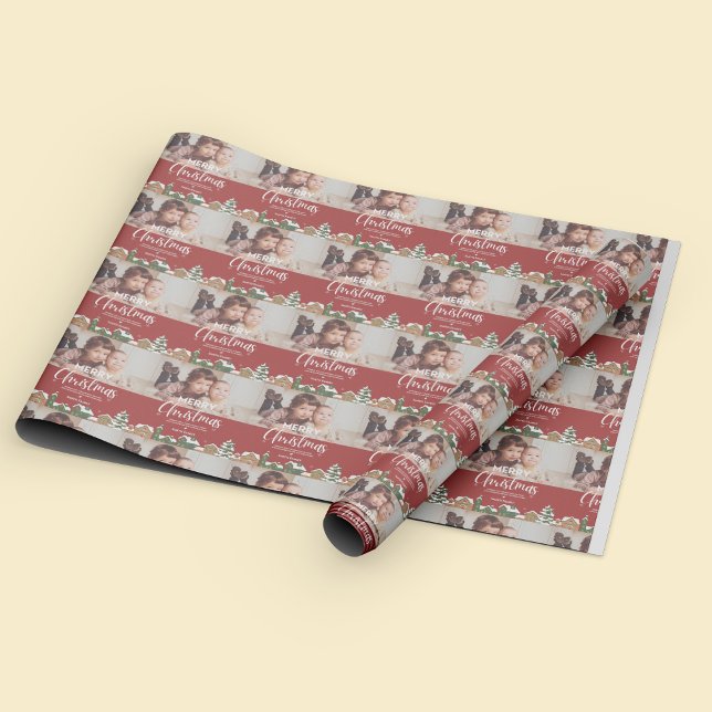 Papel De Presente Feriado Personalizado de Foto da Família Village R (Red Christmas Village Family Photo Custom Holiday Wrapping Paper)