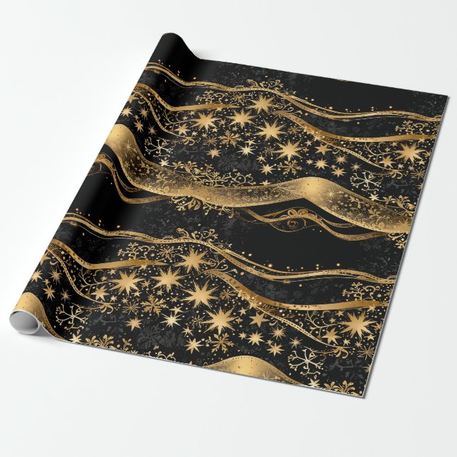 Papel De Presente Feriado Rico em Preto e Dourado (Desenrolado)