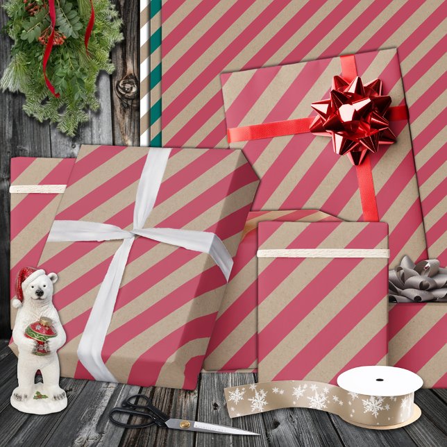 Papel De Presente Feriado Rustic Kraft Dusty Red Wide Stripe (Rustic Kraft Dusty Red Wide Stripe Holiday Wrapping Paper in 6 & 15 foot long rolls in 30 inch width)