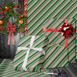 Papel De Presente Feriado Rustic Kraft Forest Green Candy Stripes