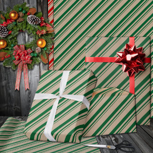 Papel De Presente Feriado Rustic Kraft Forest Green Candy Stripes