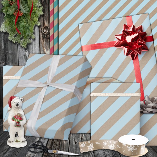 Papel De Presente Feriado Rustic Kraft Light Dusty Wide Stripe Azul (Rustic Kraft Light Dusty Blue Wide Stripe Holiday Wrapping Paper In 6 & 15 foot rolls of 30" width)