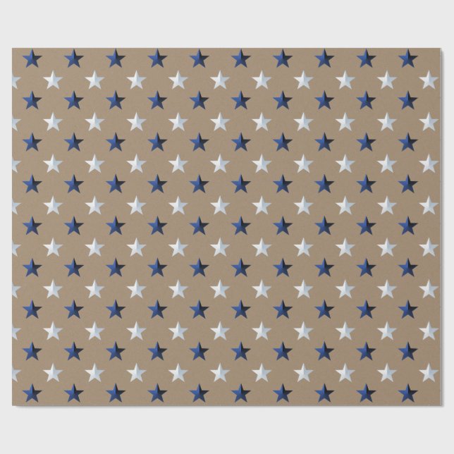 Papel De Presente Feriado Rustic Kraft Marinho Blue Silver Stars (Aberto)