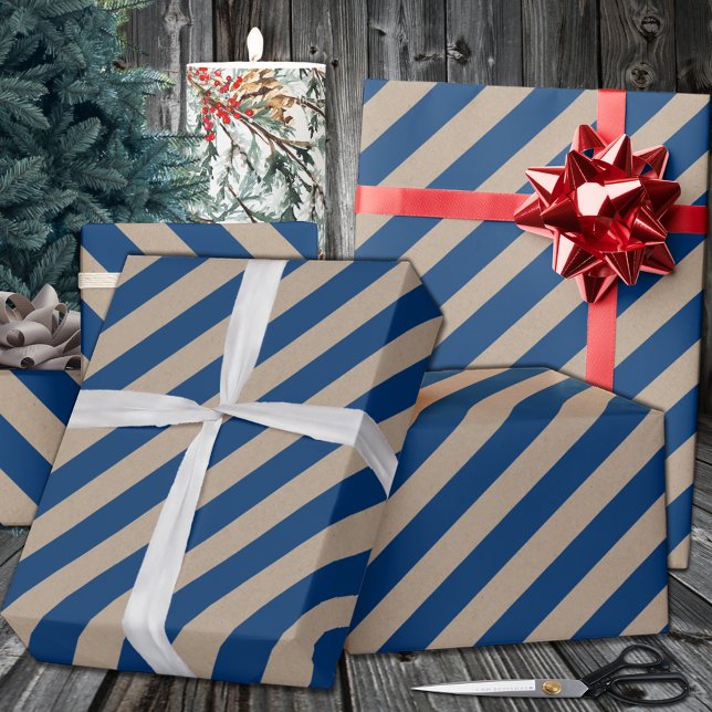 Papel De Presente Feriado Rustic Kraft Marinho Blue Wide Stripe (Rustic Kraft Navy Blue Wide Stripe Holiday Wrapping Paper In 6 & 15 Foot Long 30 Inch Wide Rolls)