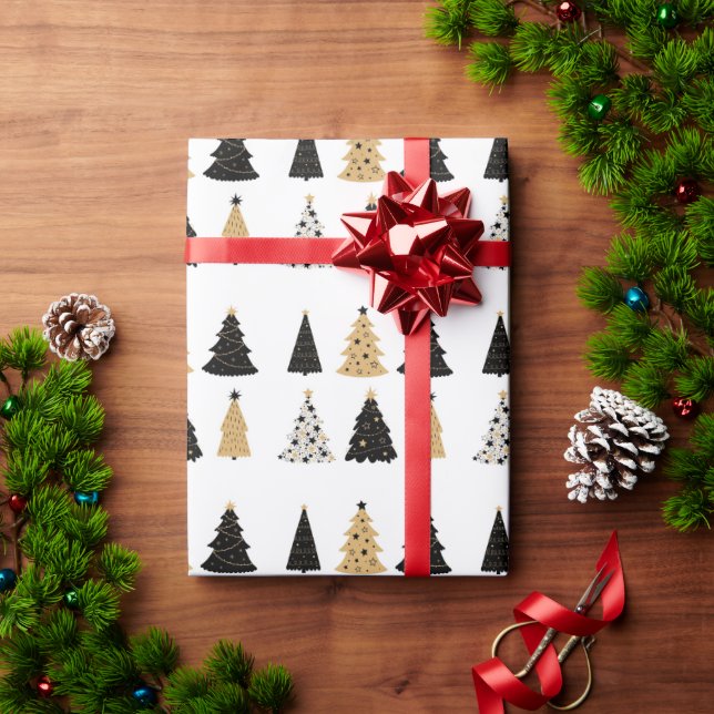 Papel De Presente Feriado Simples Preto Dourado das Árvores de Natal (Presente de Natal)