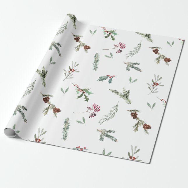 Papel De Presente Feriado Spruce e Berries vermelhos (Desenrolado)