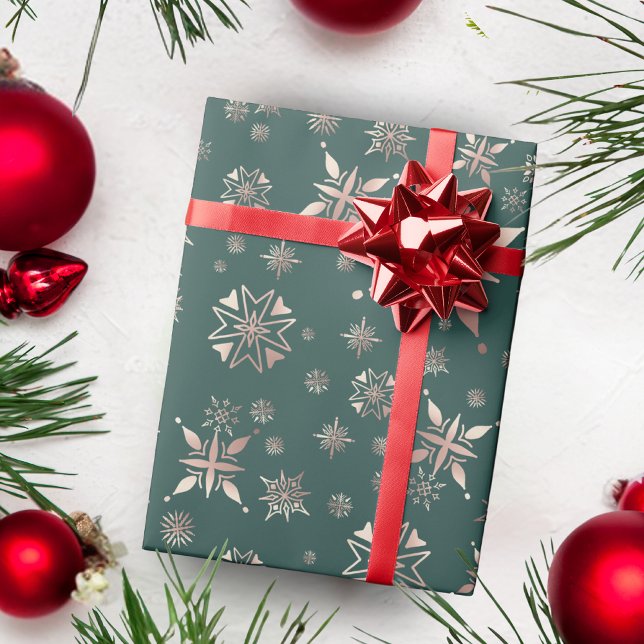 Papel De Presente Feriado Verde com Flocos de Neve Dourados Elegante (Criador carregado)