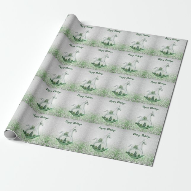 Papel De Presente Feriado Verde de Cavalo Branco (Desenrolado)