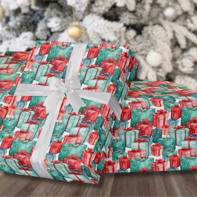 Papel De Presente Feriado Verde Vermelho apresenta Natal (Classic Red Green Holiday Presents Christmas Wrapping Paper )