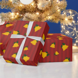 Papel De Presente Feriado Vermelho Dourado Listra Sininhos Natal