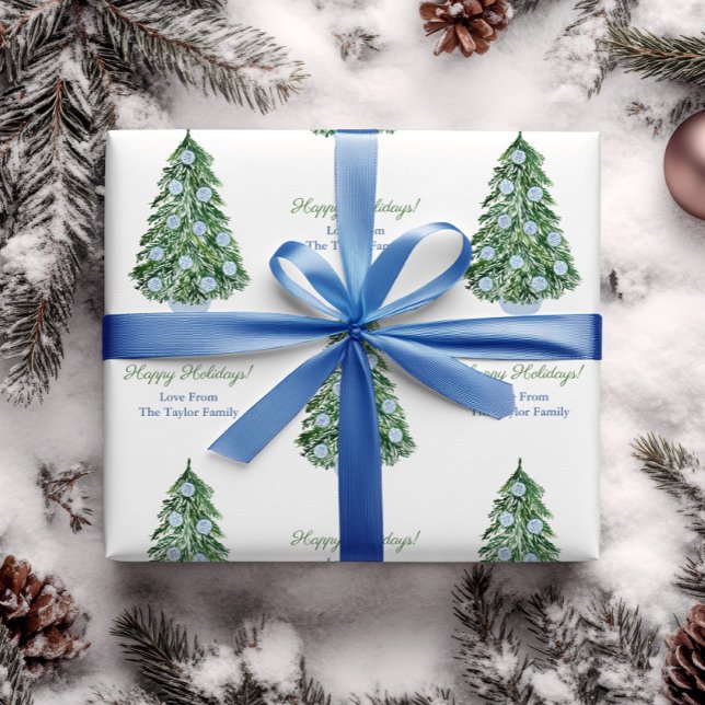 Papel De Presente Feriados brancos verdes verdes em árvore de Natal  (Chinoiserie chic gift wrap design Christmas tree with blue and white ornaments and personalized text)
