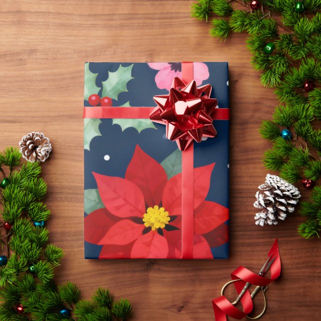 Papel De Presente Feriados com Poinsettia Vermelha (Presente de Natal)