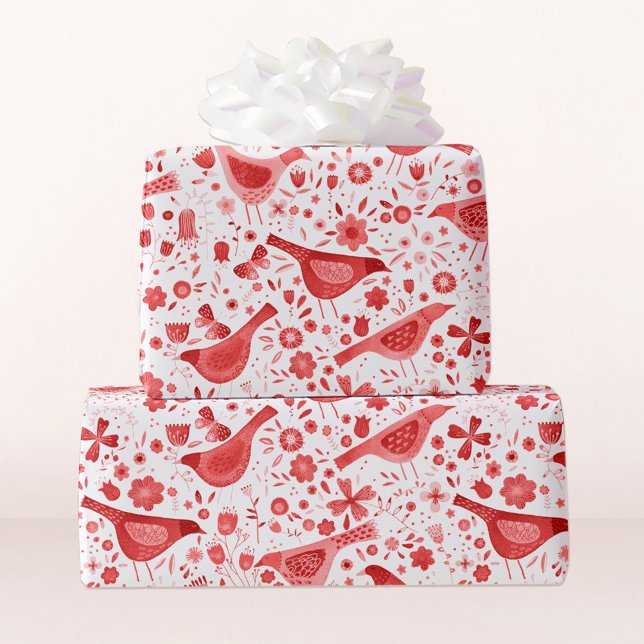 Papel De Presente Feriados de Natal Vermelhos com Aquarelas de Aves (Pretty red and white watercolor bird and flower art gift wrapping paper)