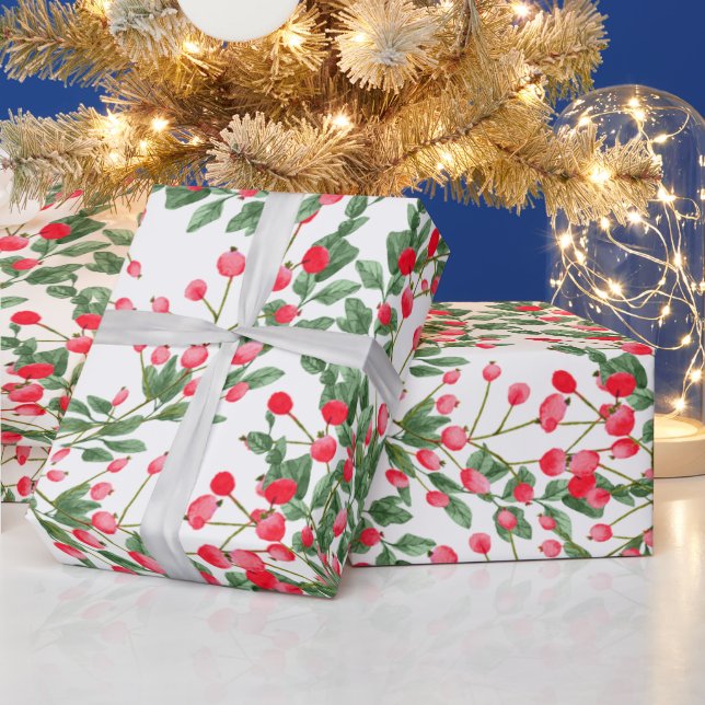 Papel De Presente Feriados de Watercolor Christmas Holly Berries (Feriados)